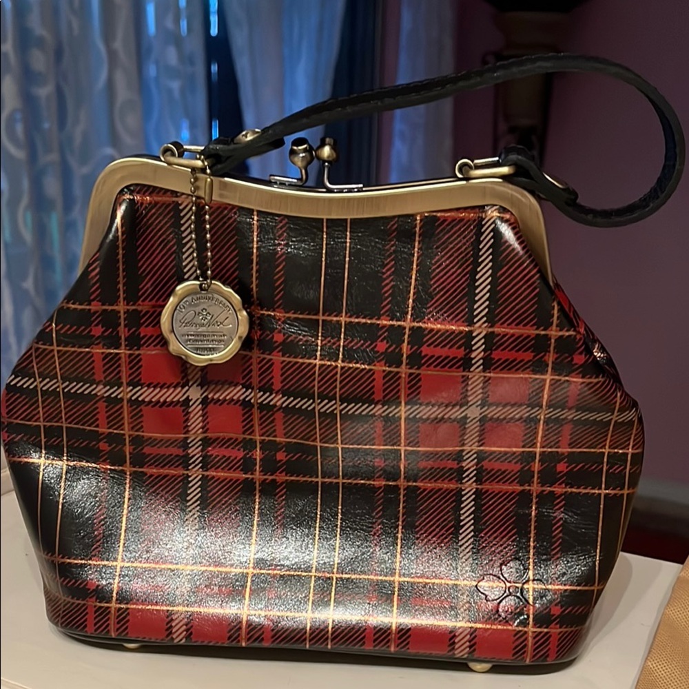 Plaid Handbag with Gold Accents